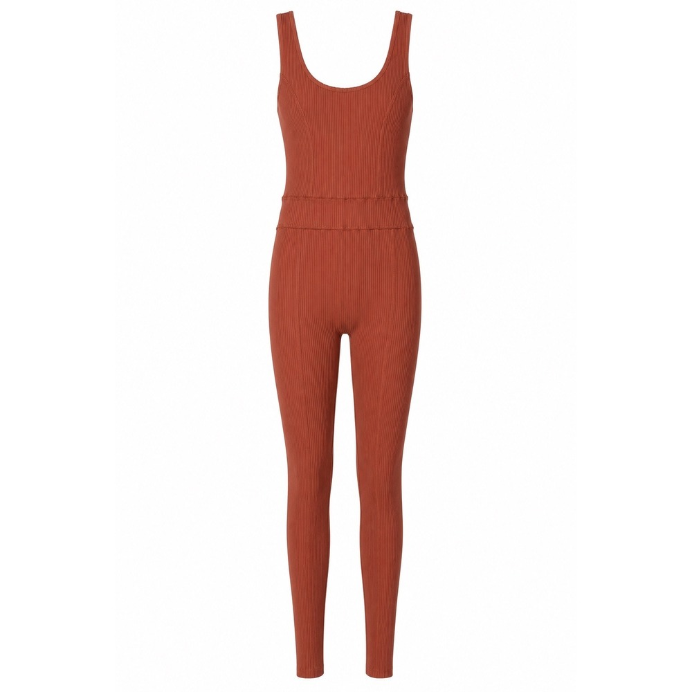 Year of Ours X Bandier Ribbed Reformer Onesie Jumpsuit Rust Brown Sleeveless M